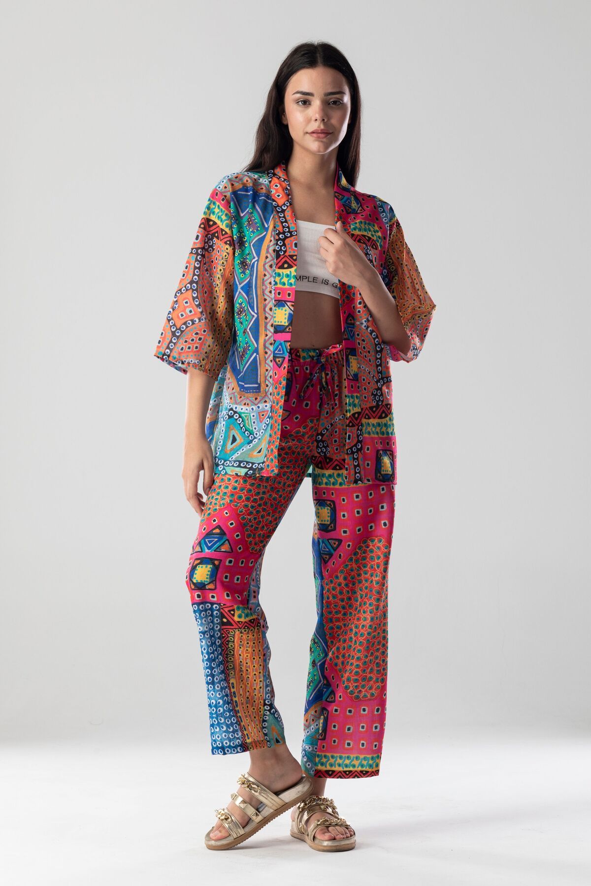 Anadolu Esintili Özel Tasarım Keten Dokulu Dokuma Kimono Pantolon 2'li Takım