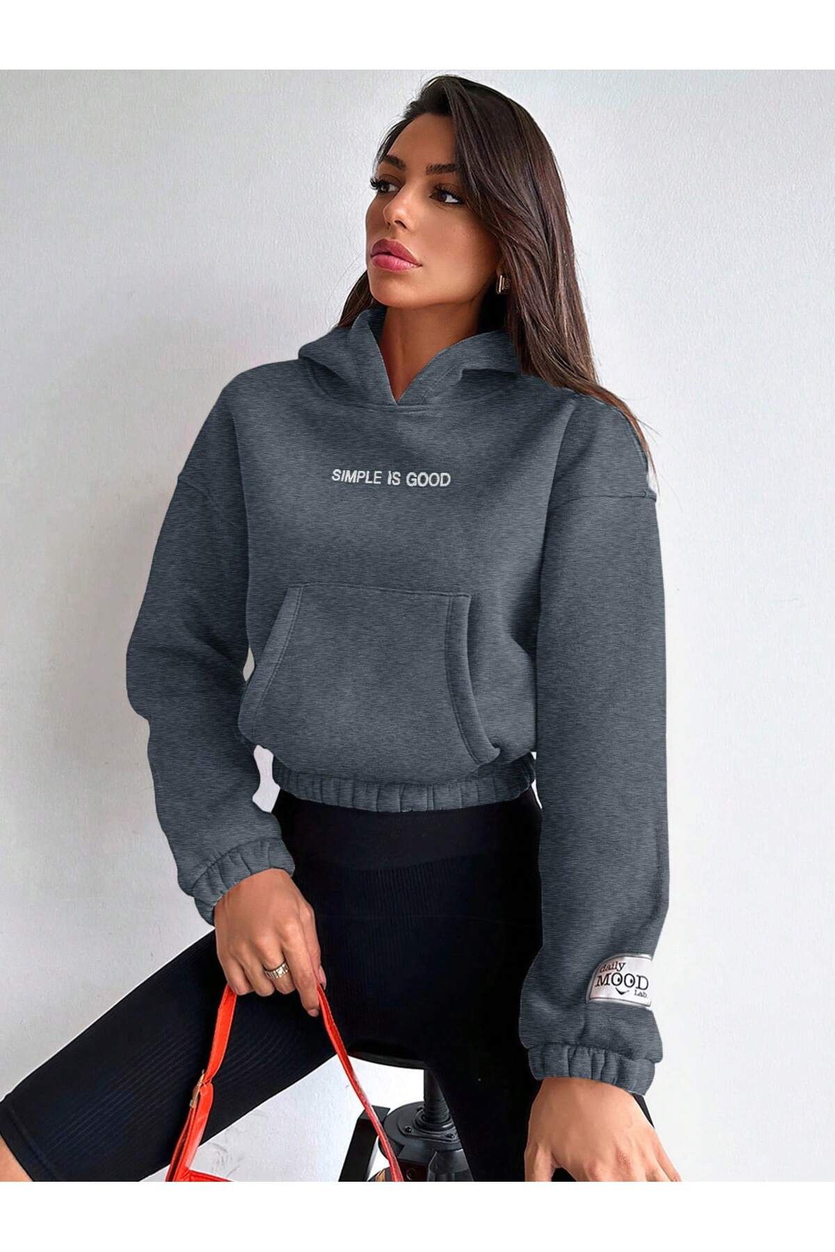 Antrasit Crop Kapüsonlu 3 Iplik Sardonlu Kanguru Cepli Sweatshirt