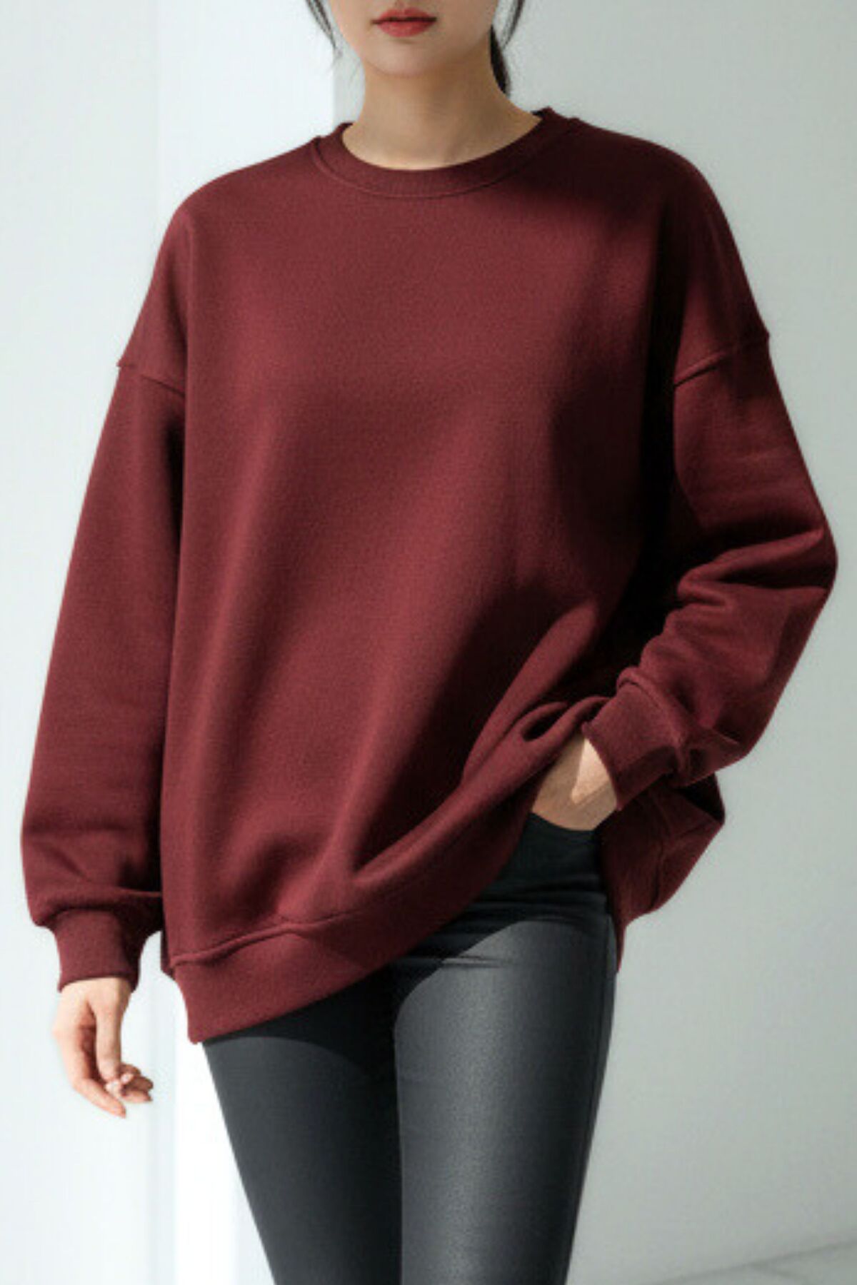 Bordo Kadin Polarli Sicak Tutan Örme 3 Iplik Pamuk Basic Sweatshirt