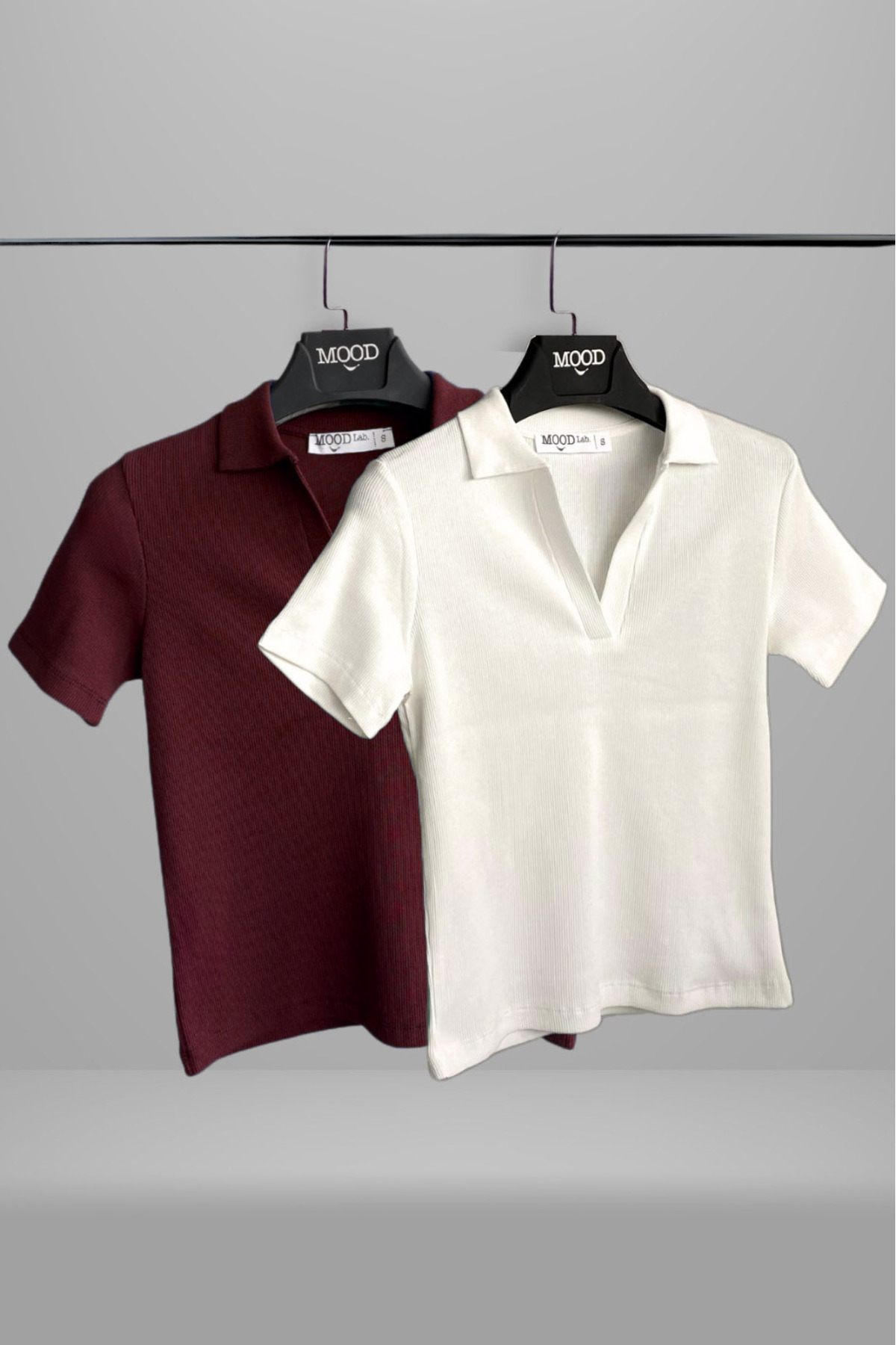 Kadin 2'li Polo Yaka Kisa Kollu Kaskorse Tisört Bordo Beyaz