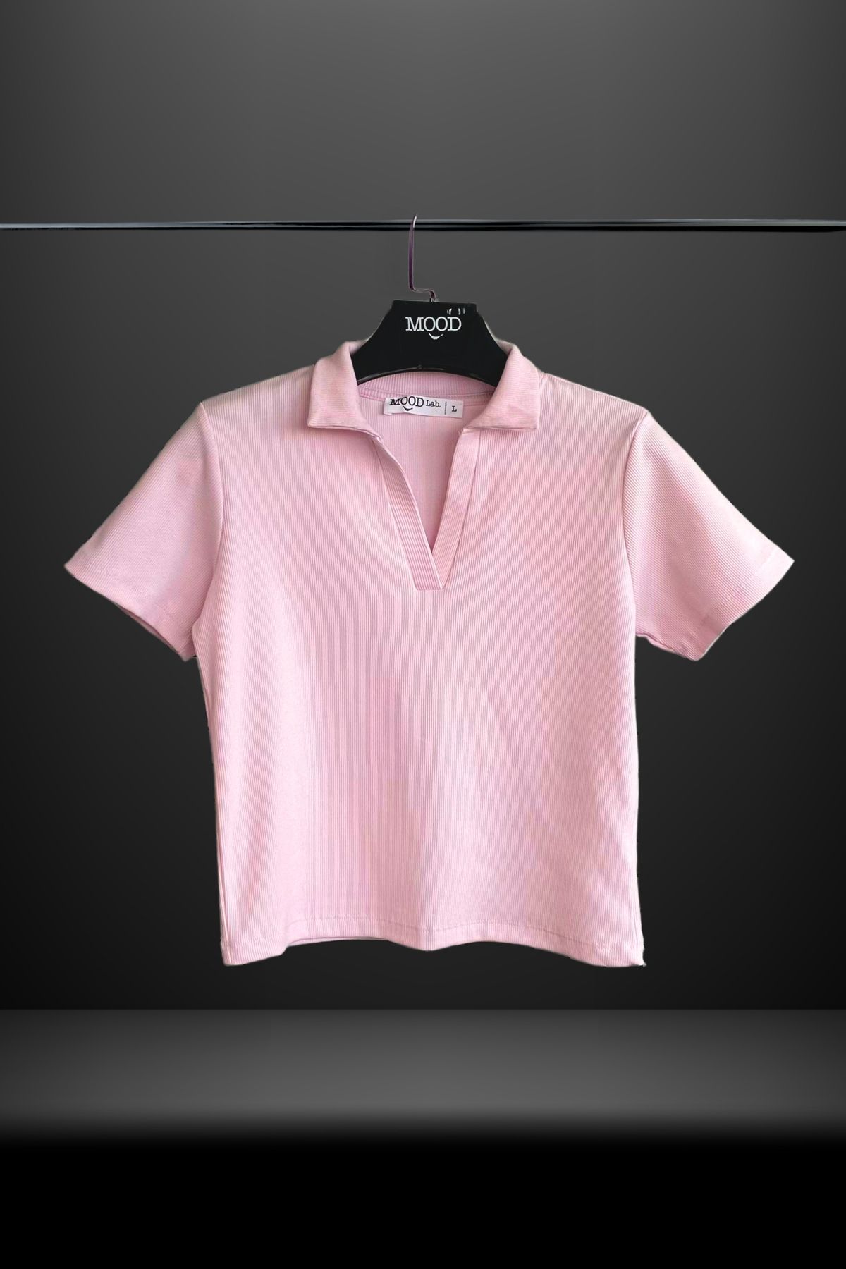 Kadın Açık Pembe Polo Yaka Fitilli Kaşkorse Kısa Kollu Tişört