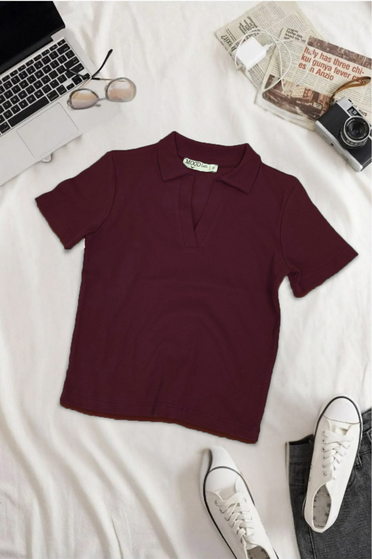 Kadin Bordo Polo Yaka Fitilli Kaskorse Kisa Kollu Tisört