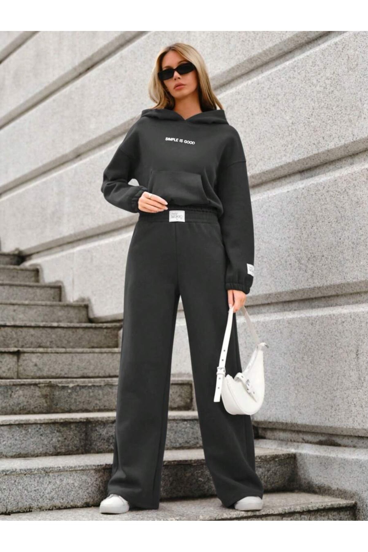 Kadın Kapüşonlu Crop Sweatshirt - Bol Paça Eşofman Takımı