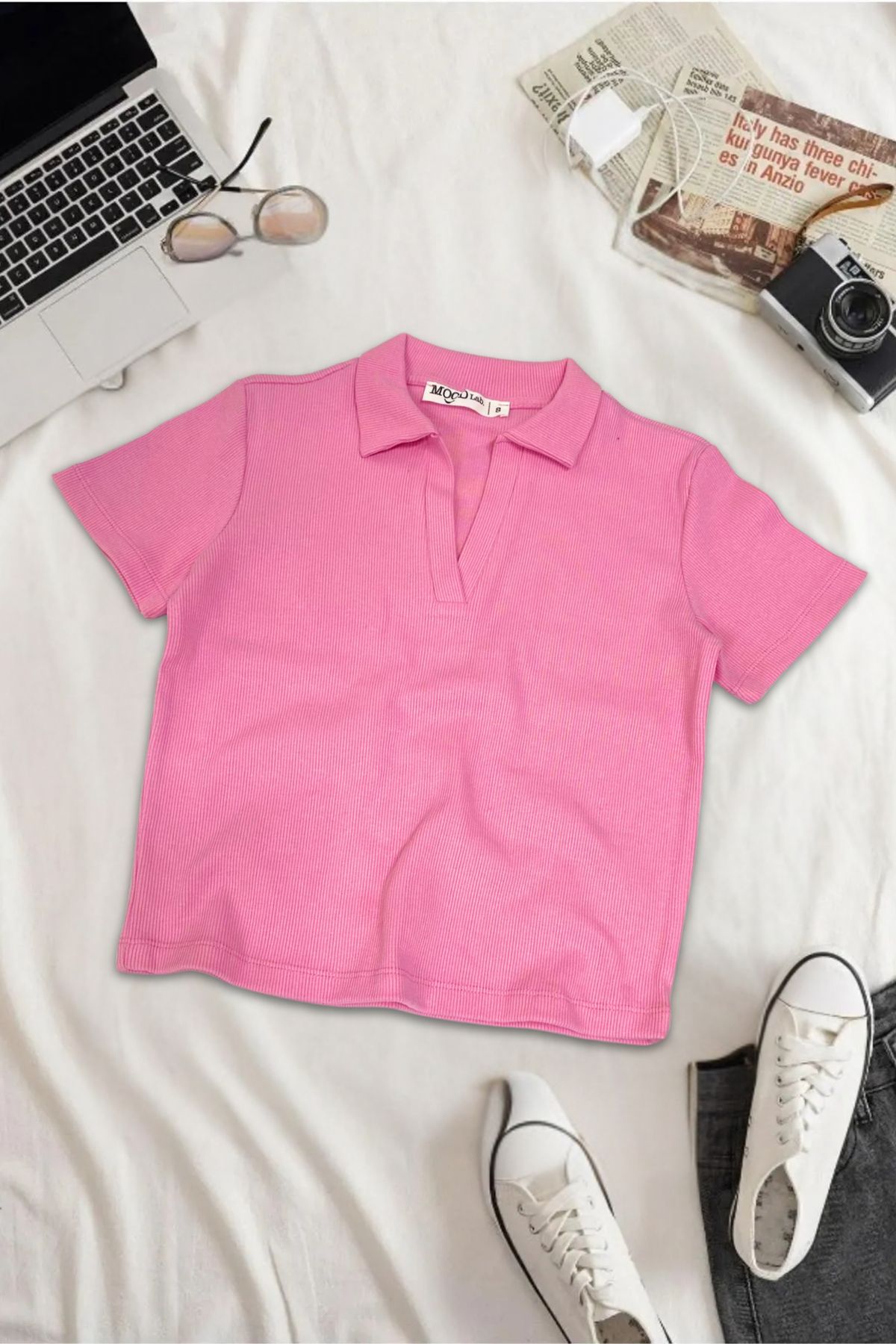 Kadın Polo Yaka Fitilli Kaşkorse Kısa Kollu Tişört