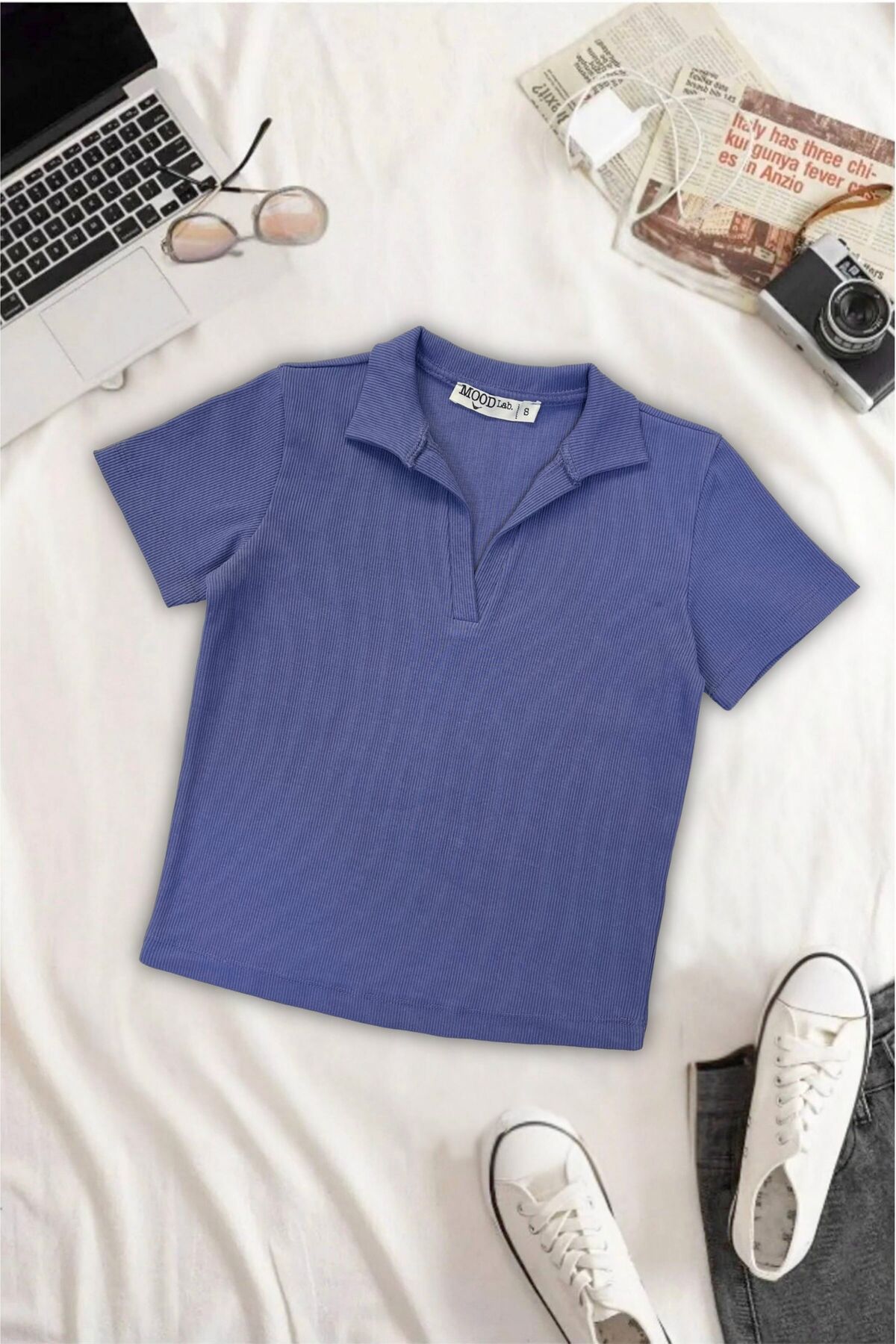 Kadın Polo Yaka Fitilli Kaşkorse Kısa Kollu Tişört