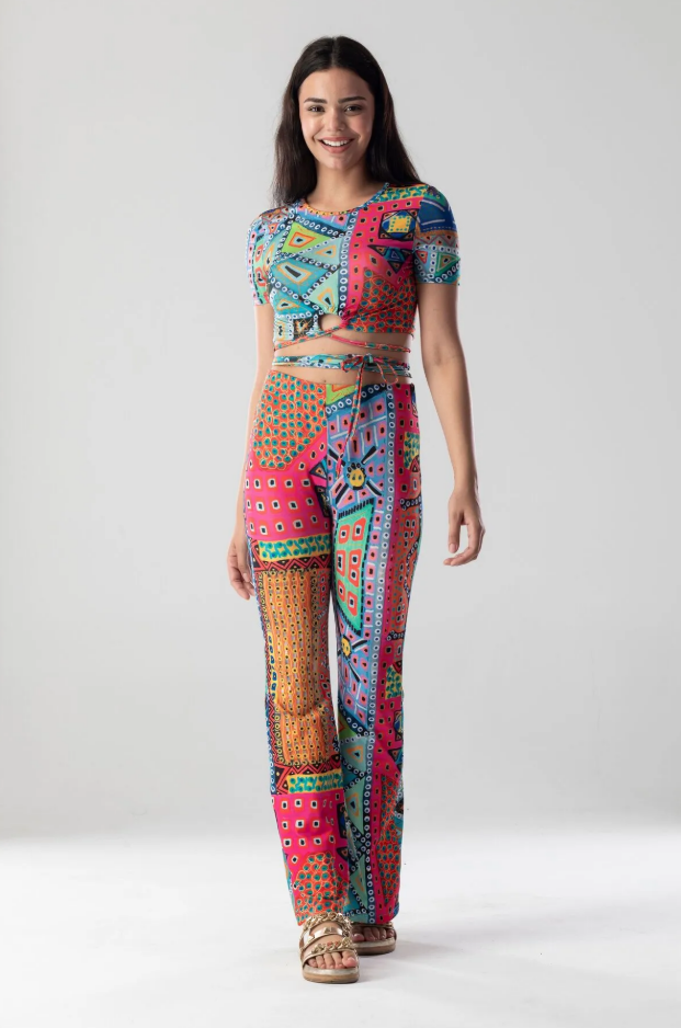 Likralı Vücudu Saran Crop Bağlama Detaylı Üst - Palazzo Paça Yüksek Bel Alt 2'li Örme Takım