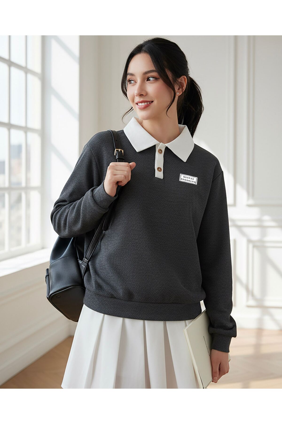 Polo Yaka Düğmeli Waffle Kumaştan Uzun Kol Tişört