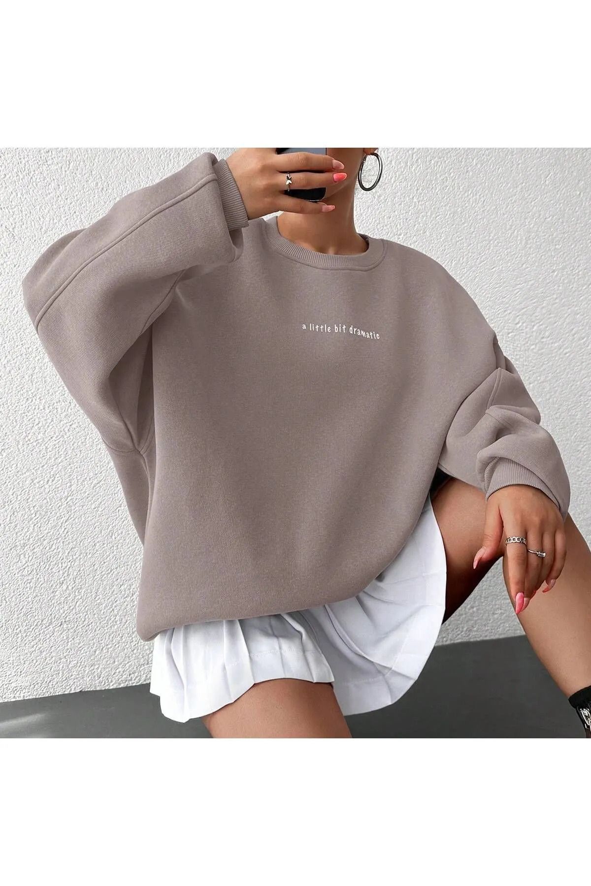 Rahat Kesim Slogan Baskılı Şardonlu Büyük Beden Sweatshirt