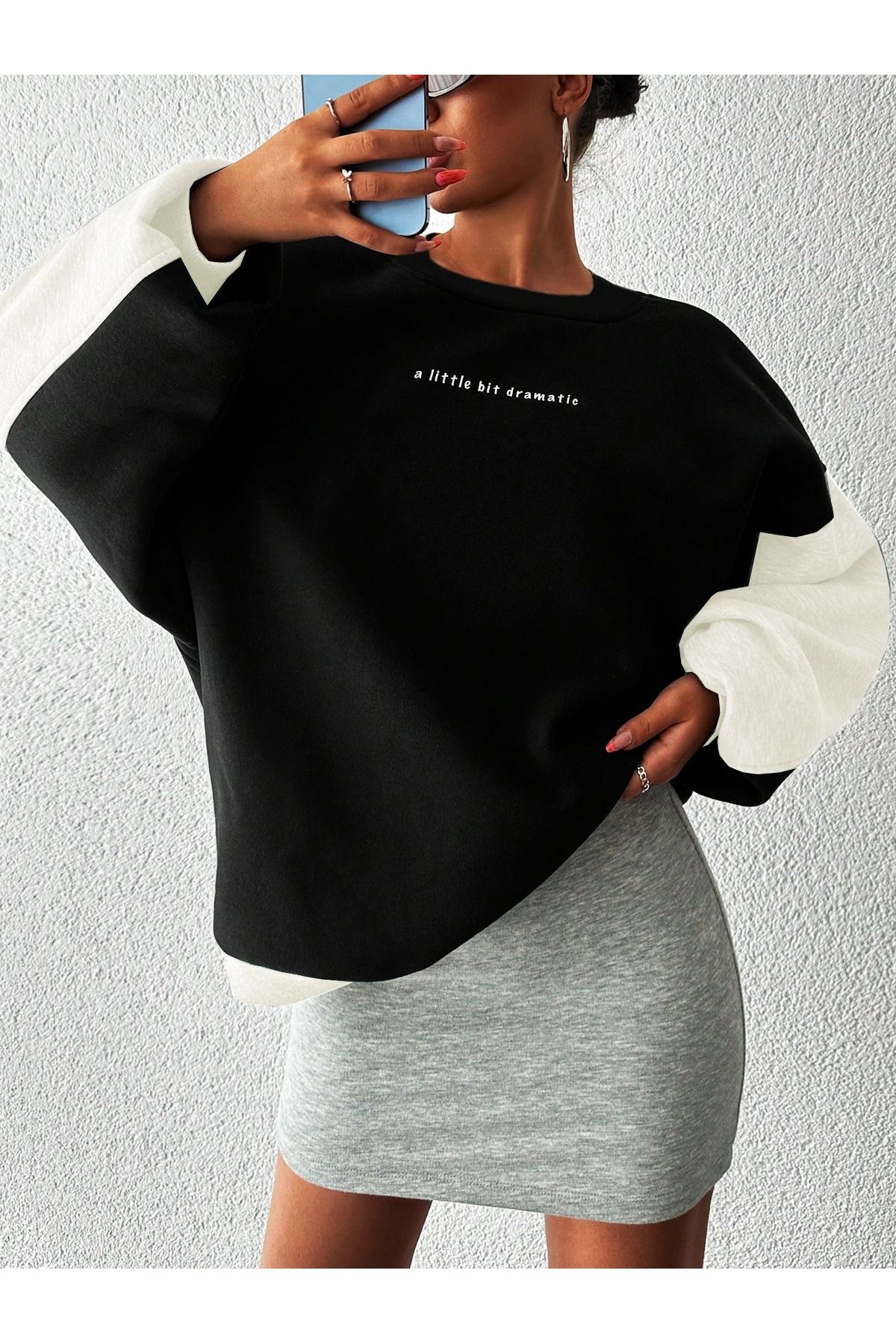 Rahat Kesim Slogan Baskılı Şardonlu Büyük Beden Sweatshirt