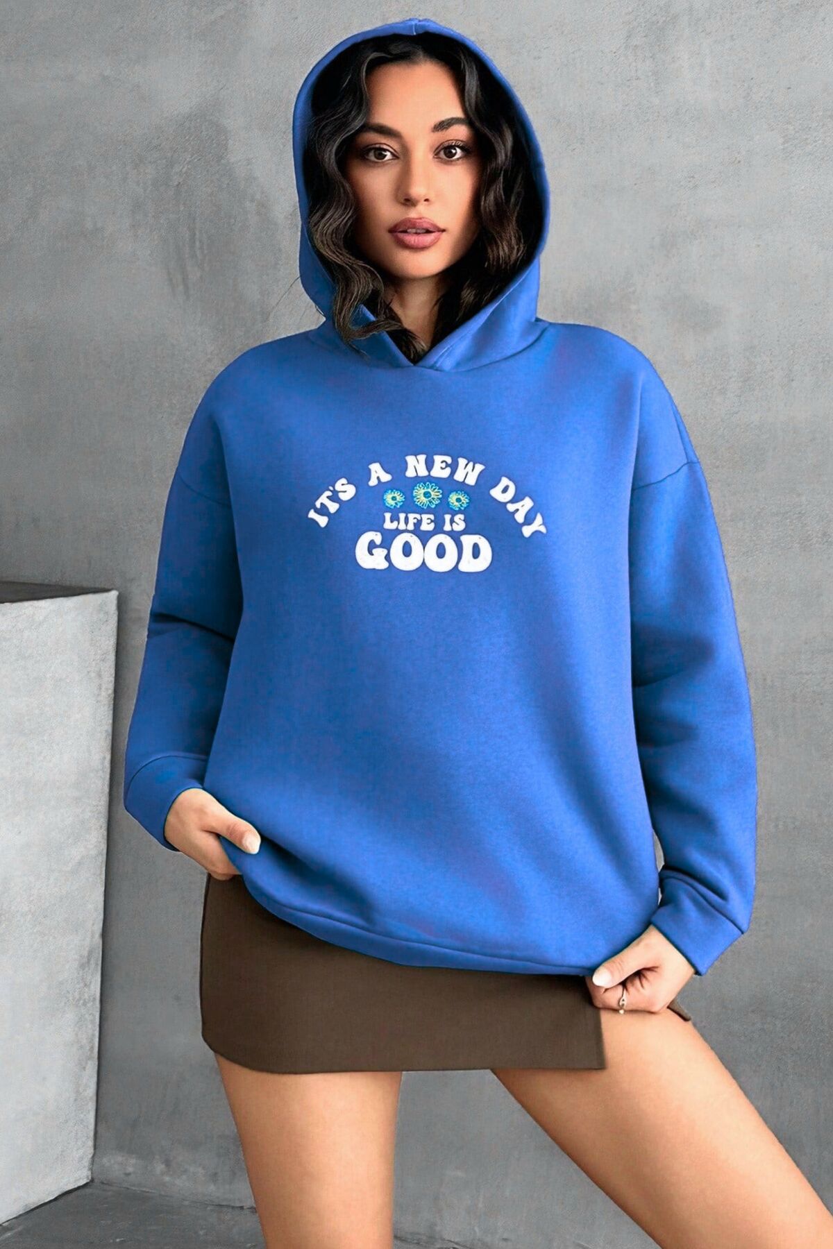 Saks Mavisi Kapşonlu Baskılı İçi Polarlı Sweatshirt