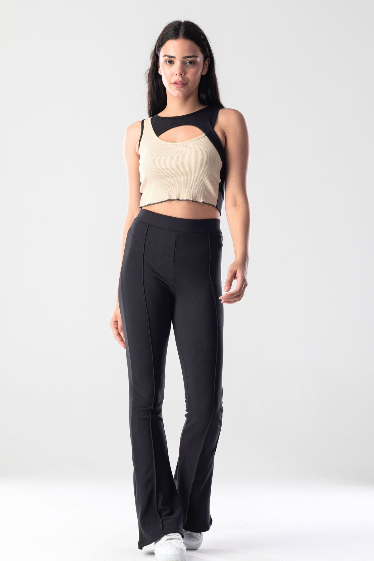 Siyah İspanyol paça Toparlayıcı Dikiş Detaylı Örme Tayt Pantolon