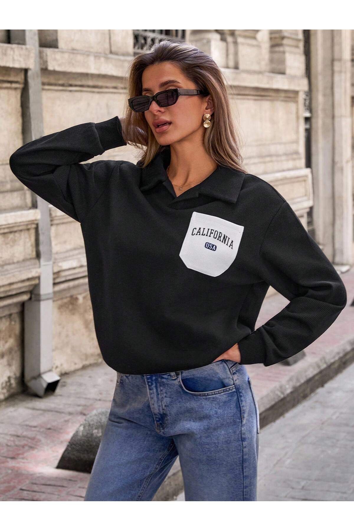 Siyah Polo Yaka Waffle Kumaş Kolej Baskılı Sweatshirt