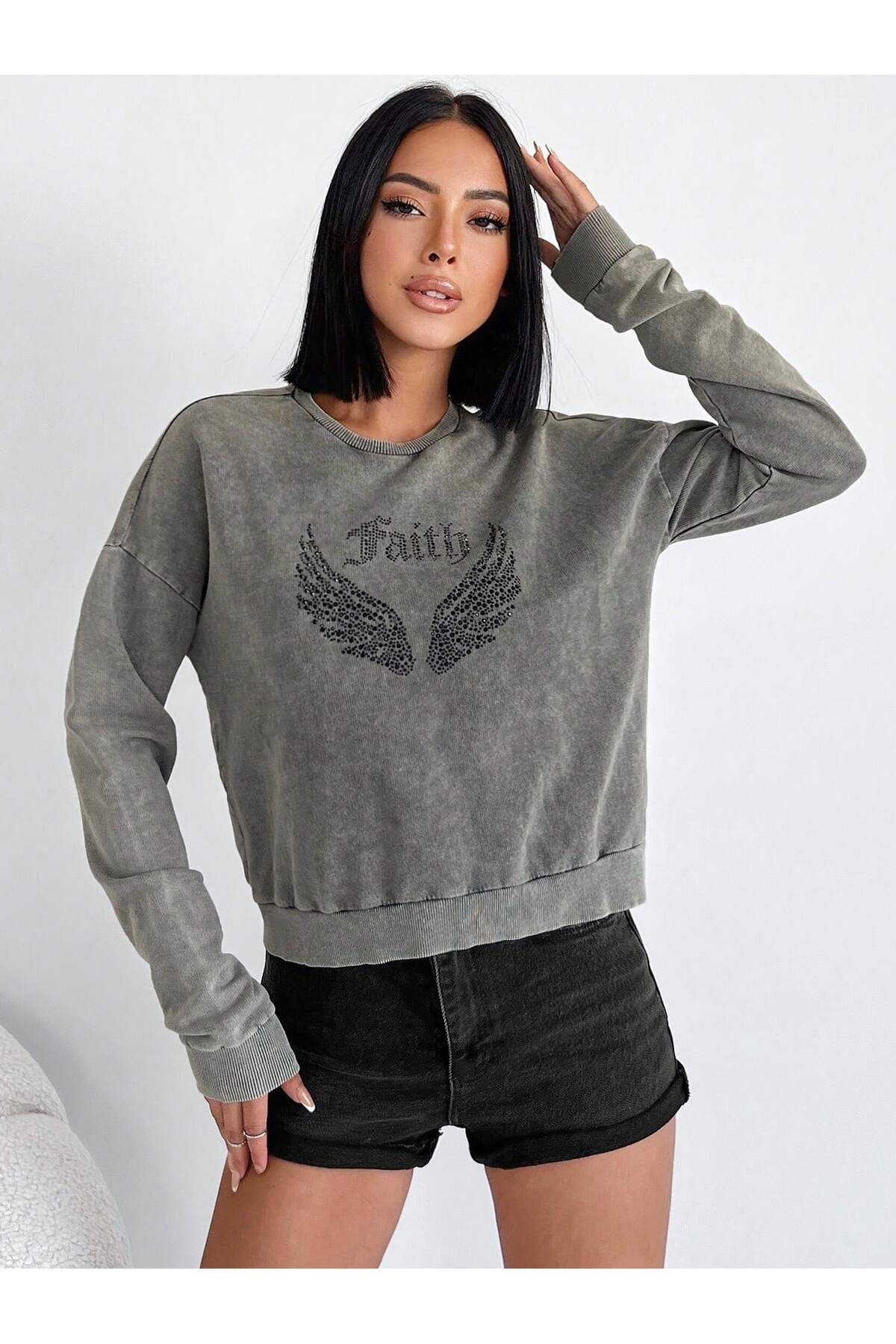 Taş Detaylı Yıkamalı Pamuklu Örme Sweatshirt ANTRASİT