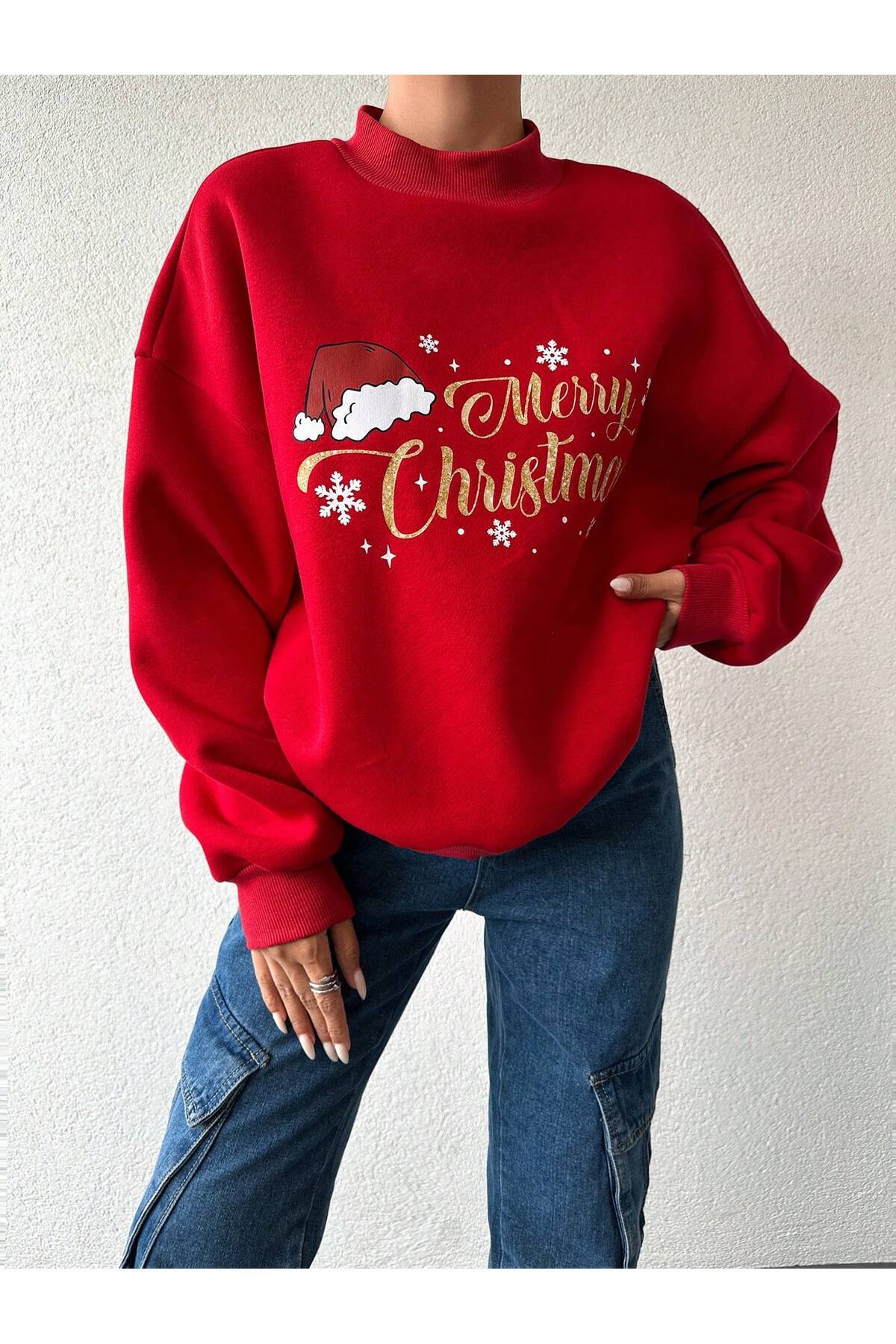 Yeni Yil Baskili Kirmizi Oversize Sweatshirt Dik Yaka