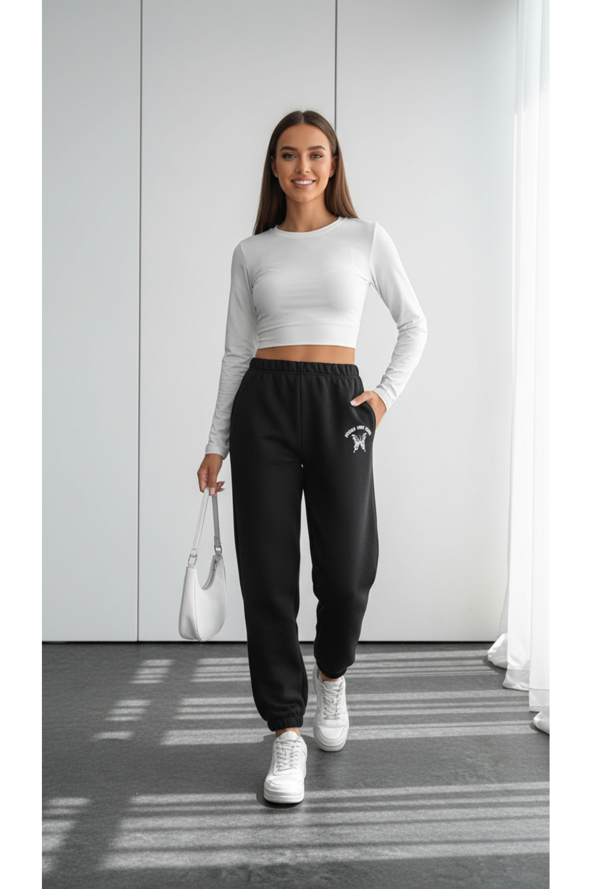 Yüksek Belli Jogger Eşofman Altı İçi Polarlı Cepli Baskı detaylı