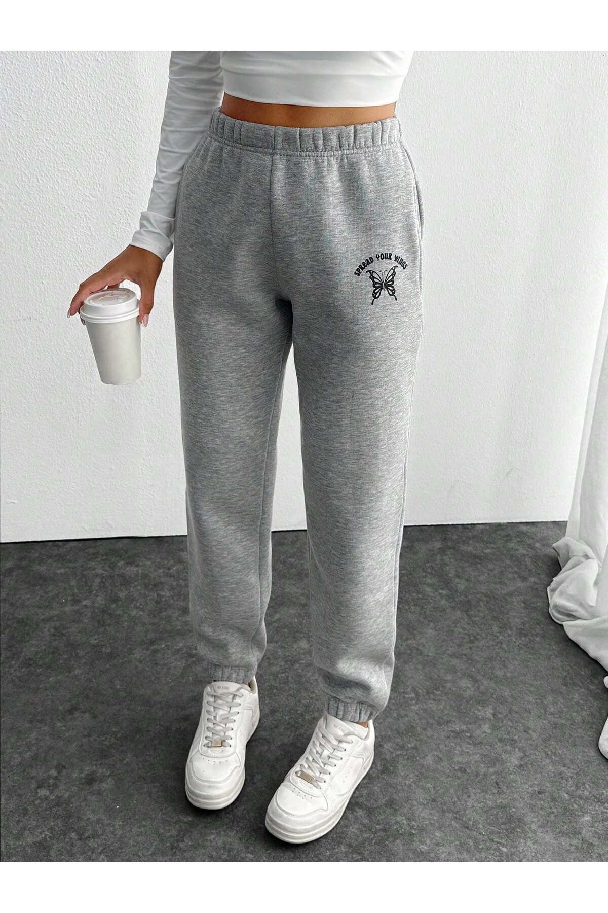 Yüksek Belli Jogger Eşofman Altı İçi Polarlı Cepli Baskı detaylı